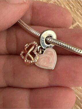 Sterling Silver Heart & Rose Gold Ribbon Charm Bracelet Pendant